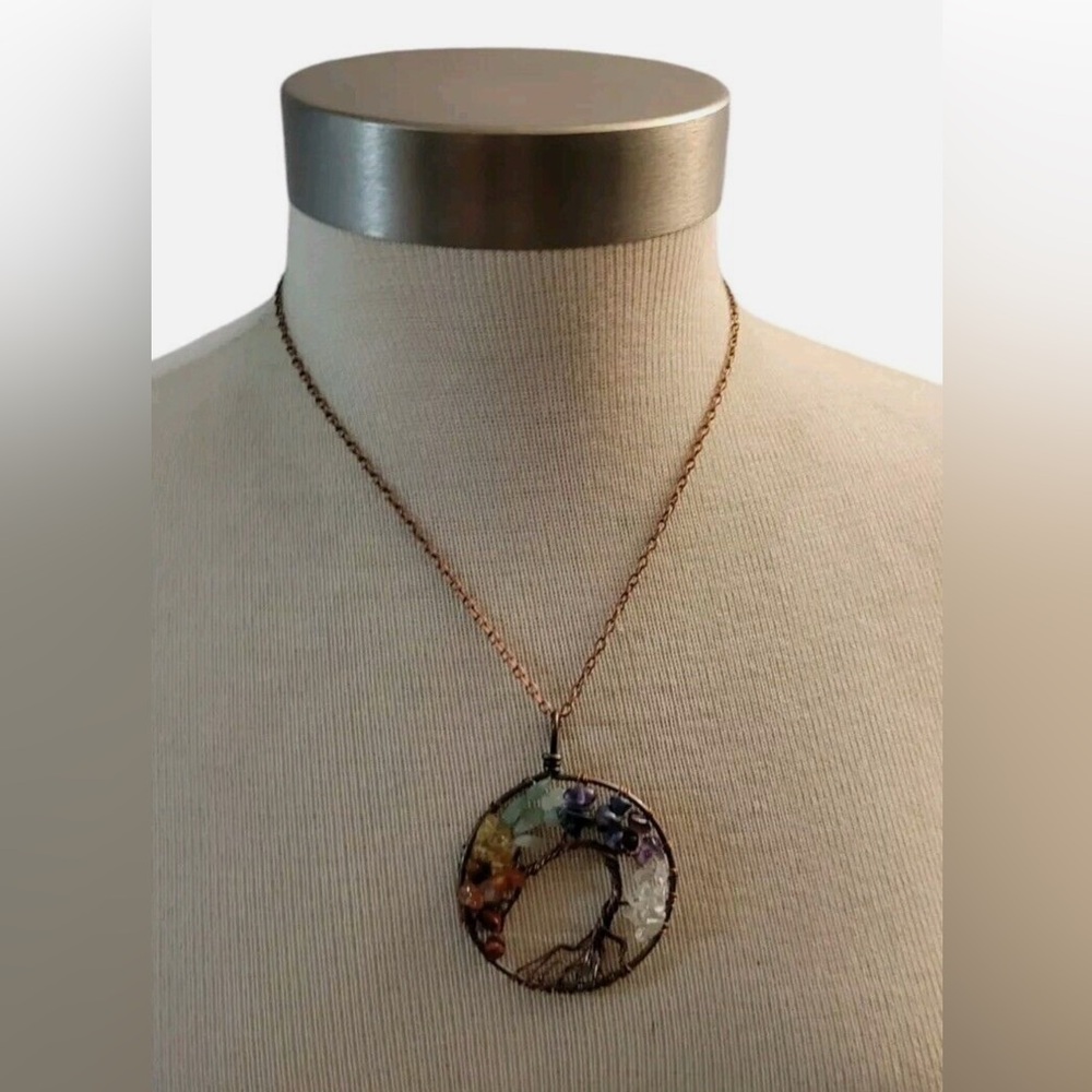 Rainbow Glass Pebbles on Copper Tree Of Life Pendant Necklace OSFA